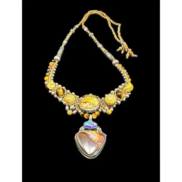 Vintage Southwestern Sterling Silver, Jasper, and Moonstone Necklace Ethnic - Picture 4 of 7